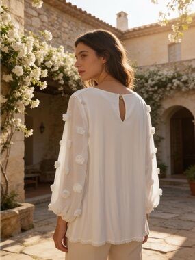 Jodifl White Pom-Pom Sleeve Women's Blouse Size 2X